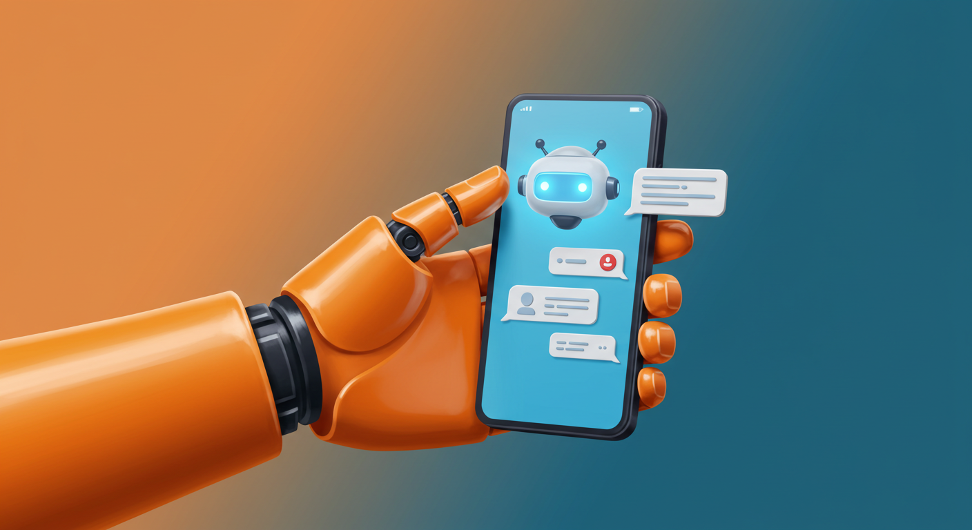 Chatbot illustration showing robot hand holding smartphone
